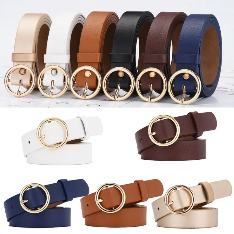 

Women Belt Classic Fashion Solid Leather Waistband Versatile Circle Buckle Wide Belt Blue Khaki Black White Champagne