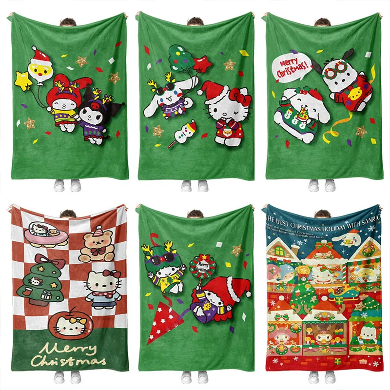 

Christmas Sanrios Blanket Kawaii Anime Hellokitty Cinnamoroll Kuromi Christmas Print Holiday Flannel Blanket Decorative Gift Toy