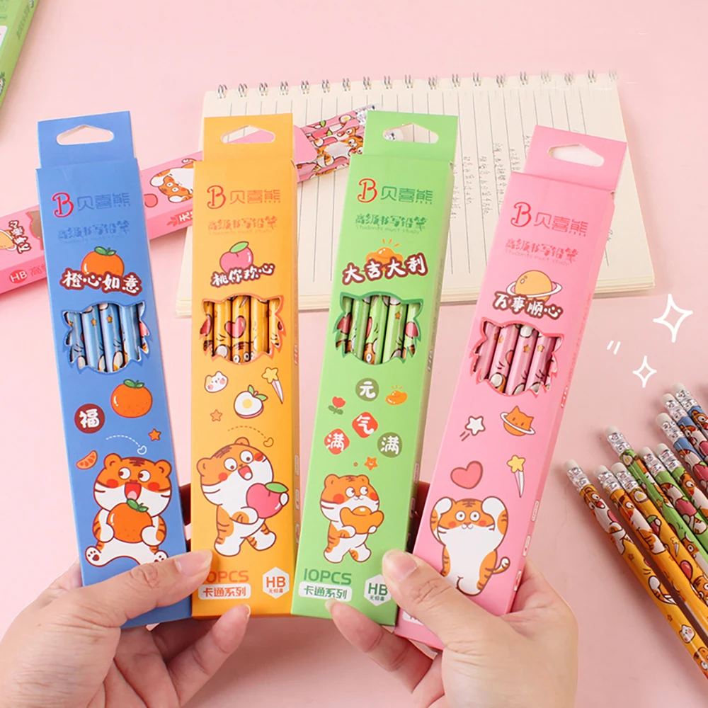 

10Pcs/Box Cartoon Tiger HB Standard Pencils with Eraser Student Writing Drawing Pencil Student Stationery School Office Supplies