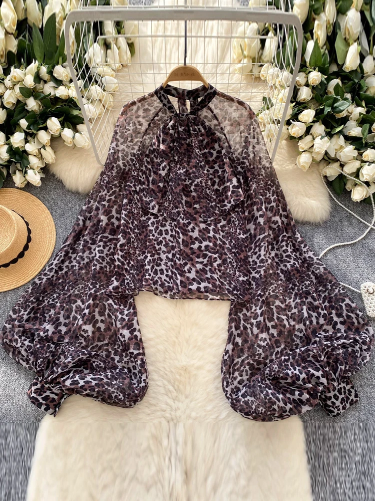 Винтажная рубашка с леопардовым принтом прозрачная женская сексуальная