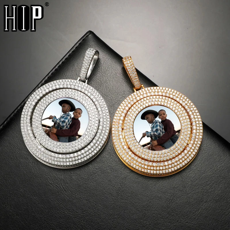 Hip Hop Custom Made Photo Big Round Rotating Iced Out Bling Cubic Zircon Necklace & Pendant For Men Women Jewelry