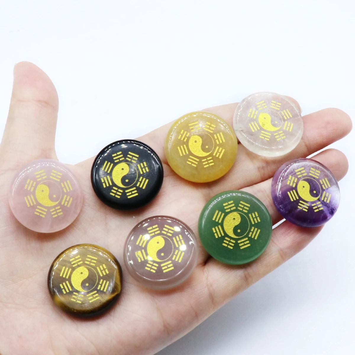 

6PCS Chakra Gemstone Round Disc with Gold Eight Diagrams Taiji Handmade Craved Palm Worry Thumb Stone Therapy Geometry Healing