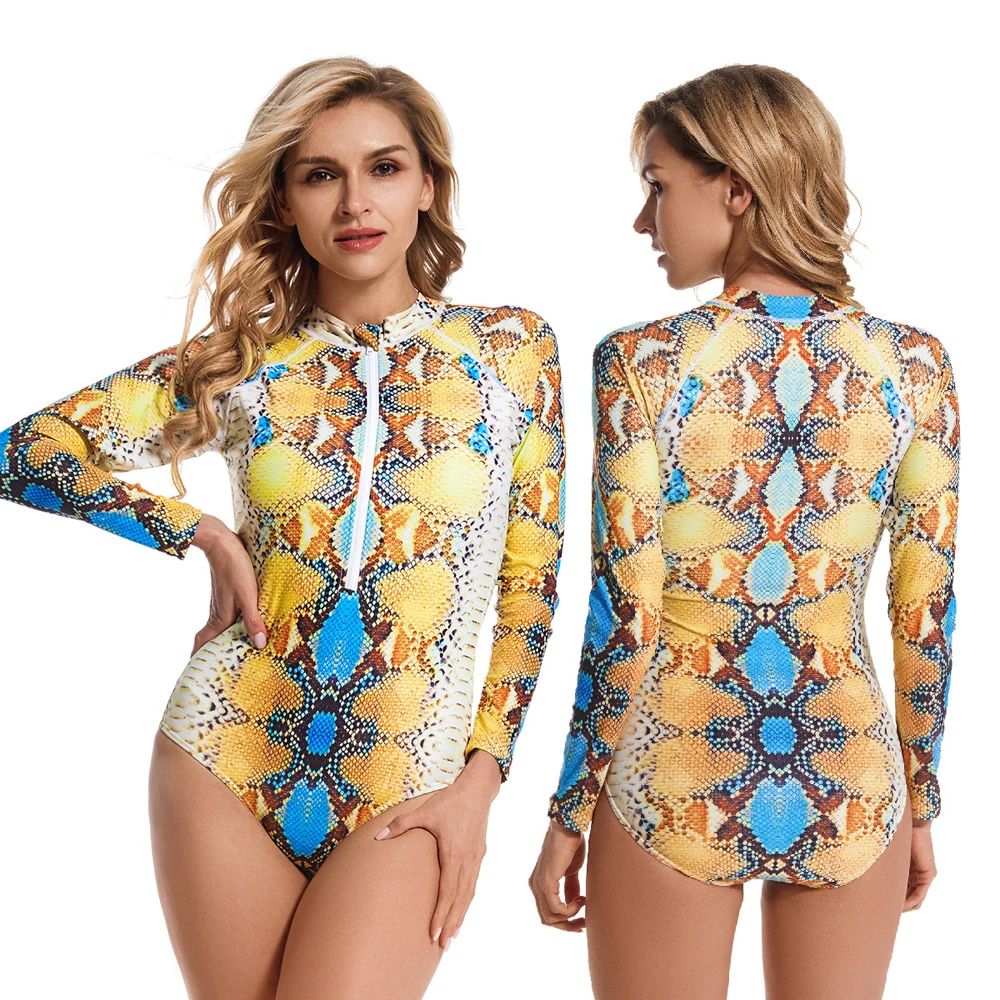

Yellow Bikini Chic Swimwear 2022 Stylish Long Sleeve Swim One Piece Ladies Surf Diving Wear Snake Animal Print Beach Body Wrap
