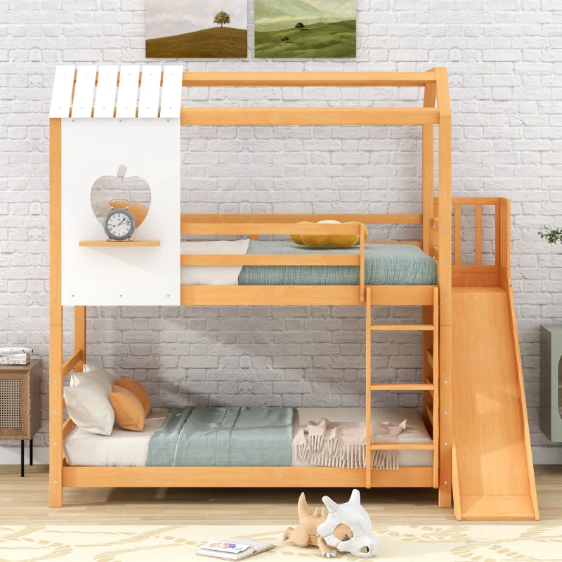 

[Flash Deal]Double Bunk Beds with Storage Stairs and Slide House Windows Design Solid Structure Natural Colour[US Stock]