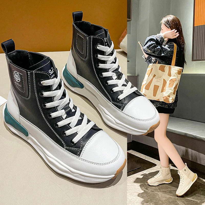 

Кроссовки женские на платформе, Вулканизированная подошва, высокие, кожаные, Повседневная Уличная обувь, модные, 2022