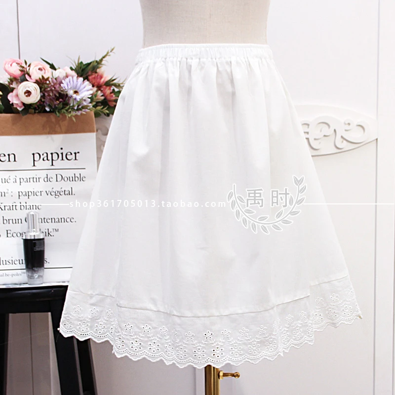Cotton Hanfu Petticoat Mori Literary White Half Slips Bottoming Skirt Lace Stitching Single Layer Anti Static Under Dress A Line
