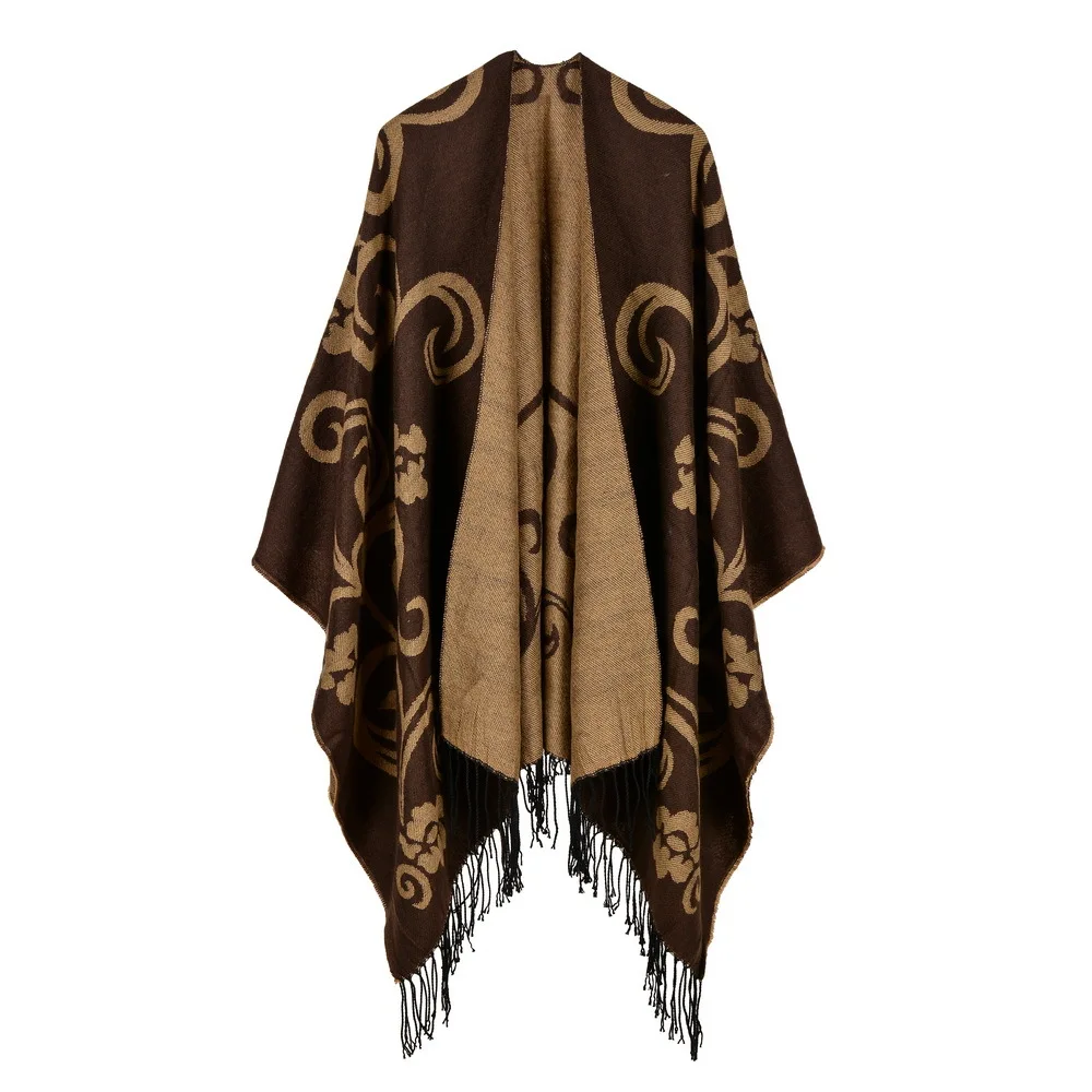 Women's  Tassel Imitate Cashmere Shawl  Autumn Winter Can Be Thickened Wear on Both Sides Lady Ponchos Capes Coffee