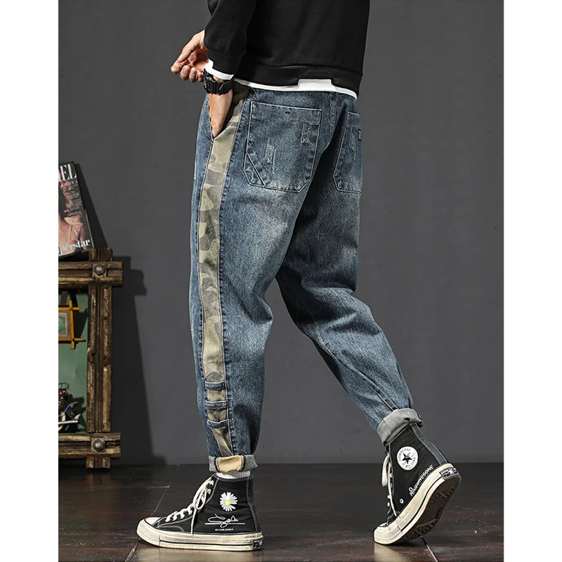 Streetwear Men 2022 Fashion New Pattern Vintage Splicing Recreational Blue Jeans Loose Straight Cylinder Trousers Autumn Female