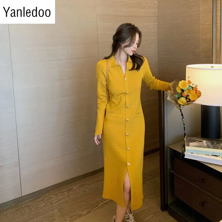

Autumn 2022 New Slim Long Sleeve Women Polo Dresses Underskirt with Temperament Small Fragrance Slim Tight Knitted Dress