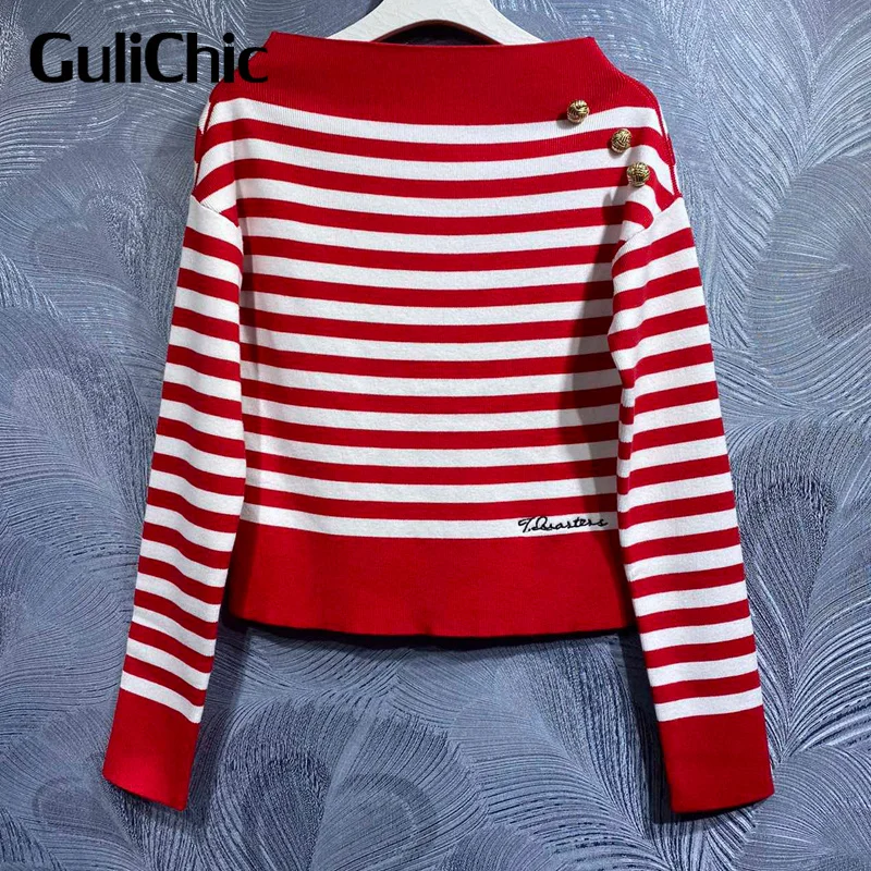 

Женский трикотажный свитер GuliChic с воротником-лодочкой контрастных цветов в полоску с металлическими пуговицами и длинными рукавами, 9,3