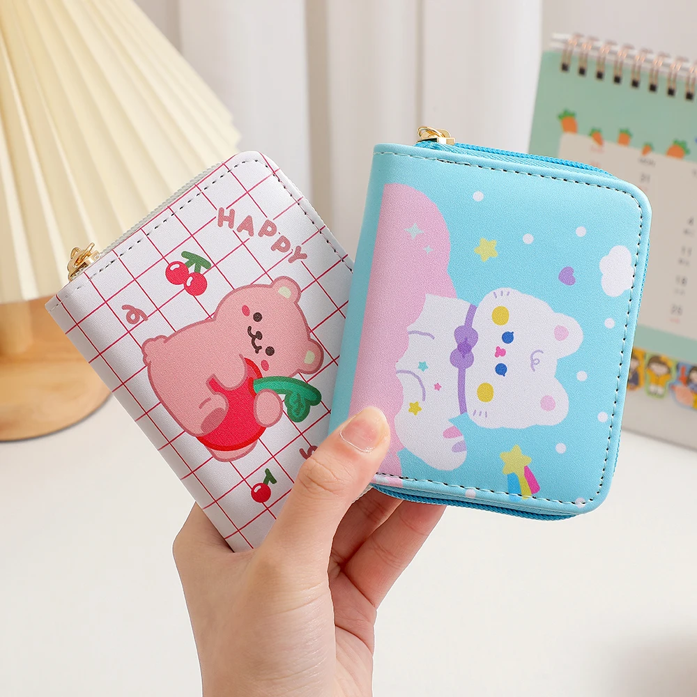 

New Cute Bear Leather Card Holder Mini Kawaii Business Card Holder Purse Kpop Photocard Organzier ID Card Kawaii Stationary