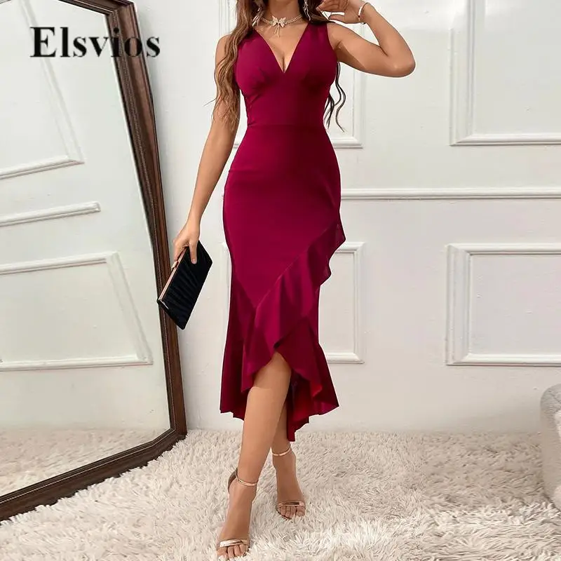 

Элегантное офисное женское облегающее платье без рукавов, модные Асимметричные Лоскутные облегающие платья с оборками, однотонное Сексуальное женское платье с глубоким V-образным вырезом