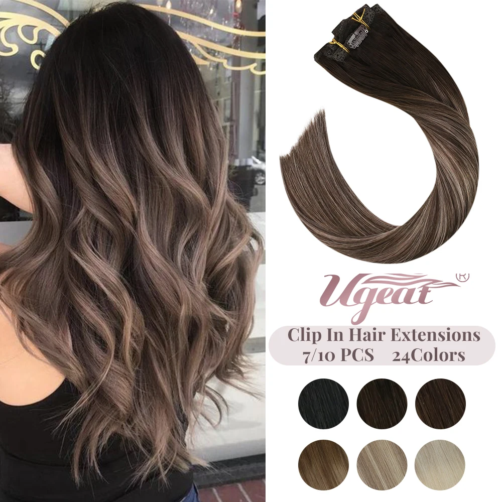 Ugeat Clip in Hair Extensions Human Hair Balayage Color Full Head Clip in Hair Extensions 100g 7/10Pcs 100% Real Hair for Women