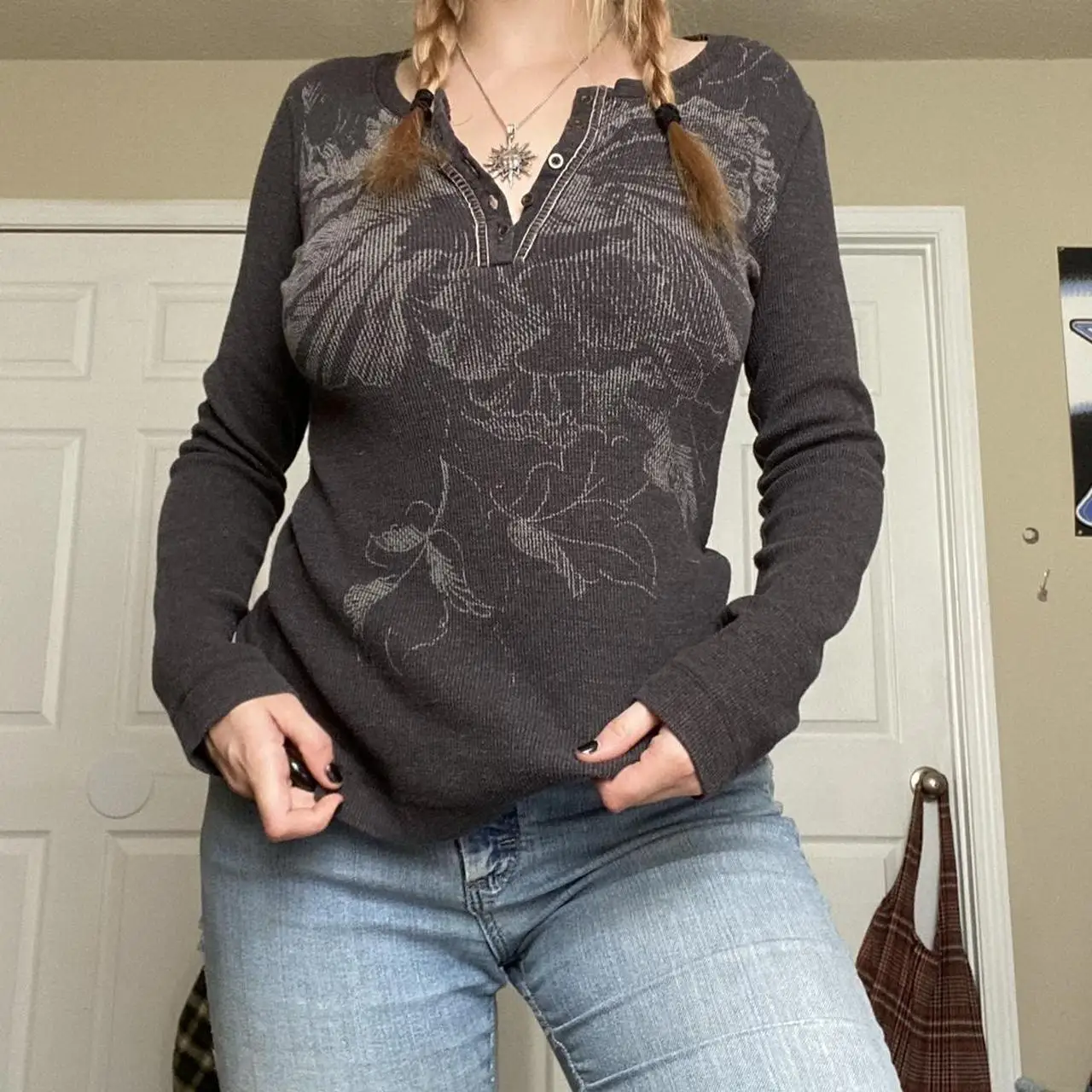 

Combhasaki Grunge Kawaii Women Harajuku Y2K Slim Fit Knitting Long Sleeve Round Neck Floral Print Party Casual Pullover T-shirts