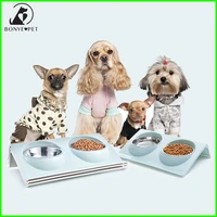 slope dual bowls for dogs feeder stainless steel pet water bowl for cat food dog accessories 3 colors