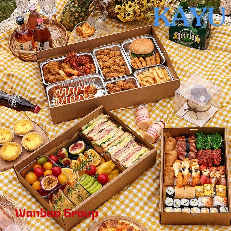 Customized disposable take away food fried chicken fries burger box kraft catering bread grazing tray platter