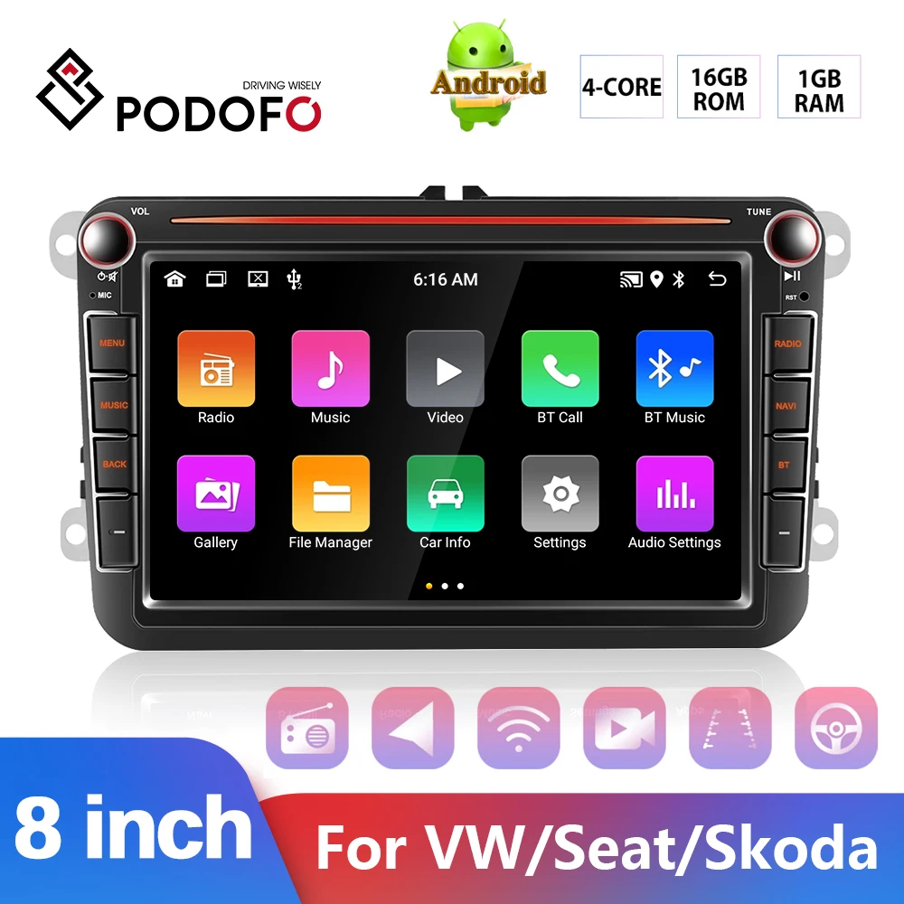 

Автомагнитола Podofo 8 дюймов, мультимедийный плеер на Android, с GPS, Wi-Fi, для VW Volkswagen Golf Passat Skoda