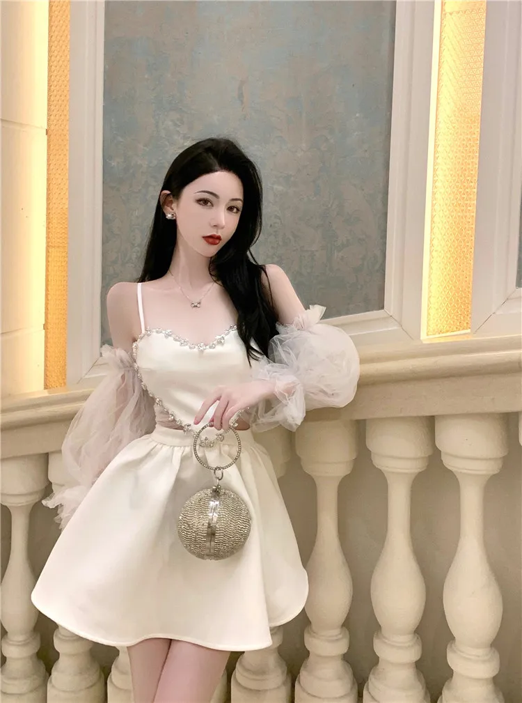 

COIGARSAM Dresses Women 2022 Spring New Spaghetti Strap Beading White Dress Dropshipping