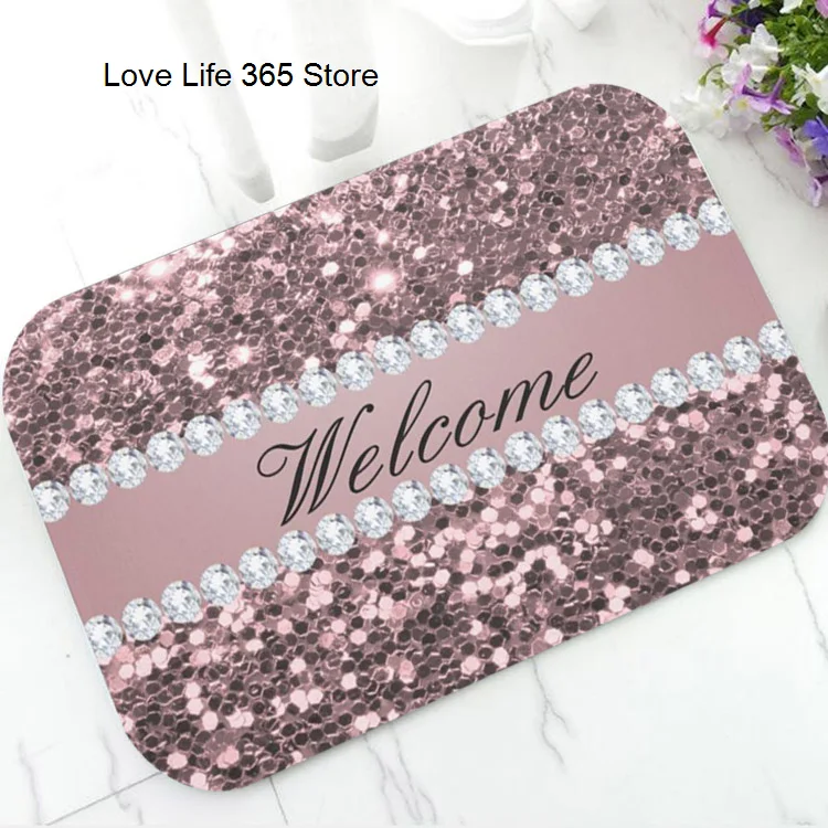 

Trendy Faux Pink Sequins and Diamonds Doormat Chic Girly Welcome Floor Rug Bath Mat Kitchen Entry Door Modern Rubber Carpet