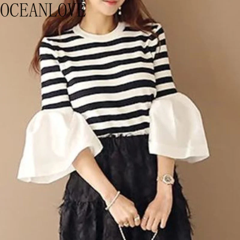 

Женские пуловеры в стиле пэчворк, винтажные милые весенне-осенние свитера в полоску с рукавом-ласточкином, трикотажная одежда в Корейском стиле