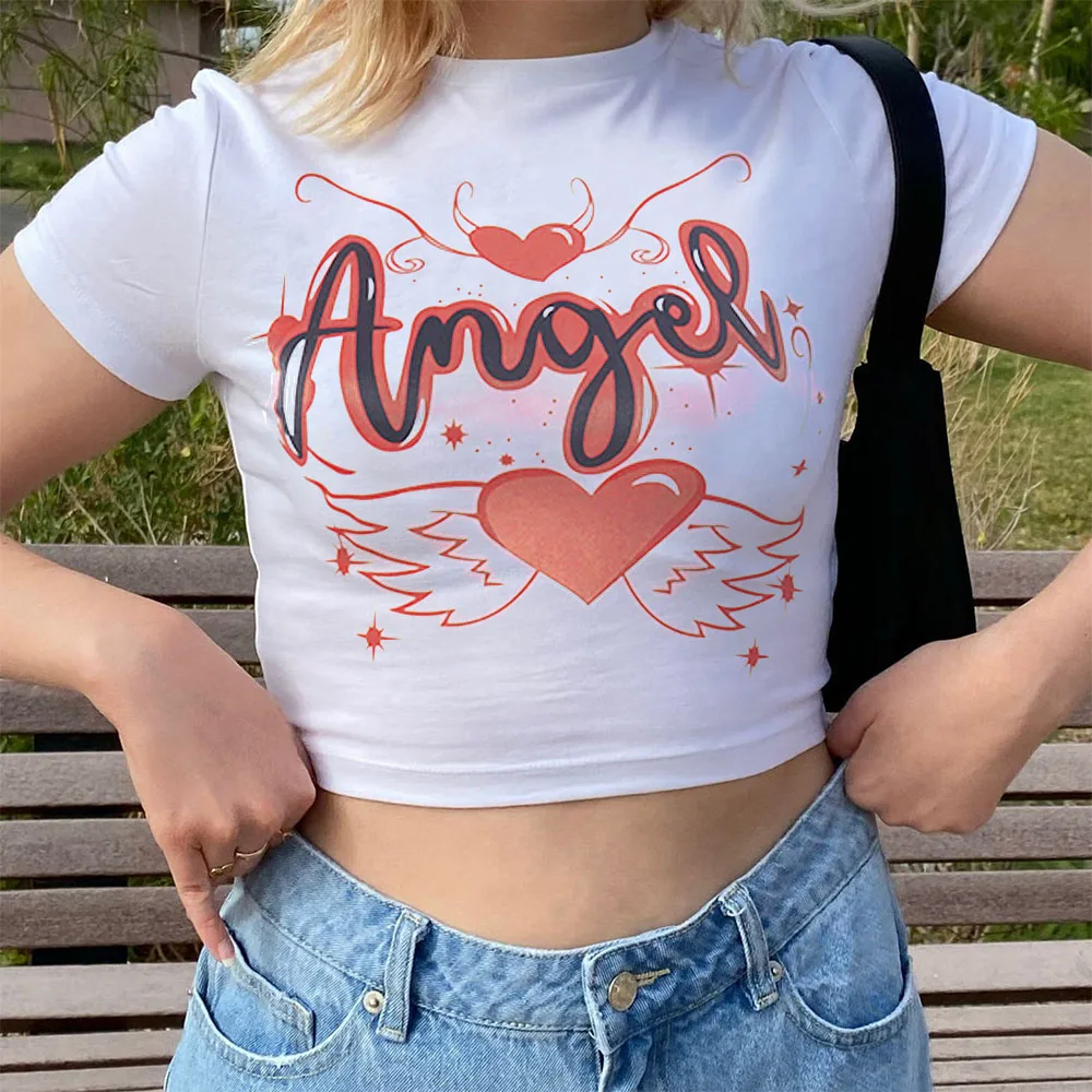 

Женская Летняя короткая футболка с круглым вырезом, коротким рукавом и принтом в виде сердечек