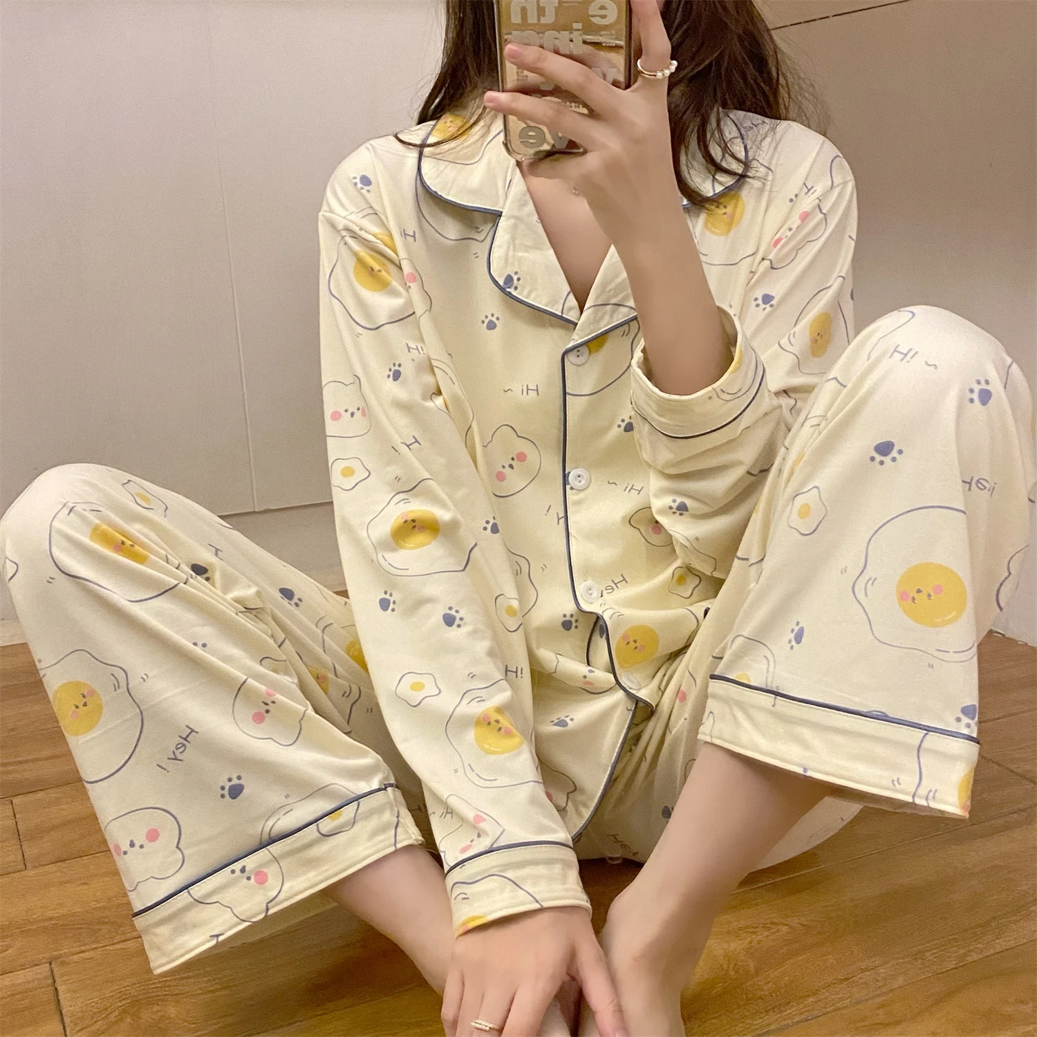 CAIYIER Flower Print Women Pajamas Set Long Sleeve Casual Sleepwear Cute Korean Gift Party Nightwear Girls Cardigan Homewear