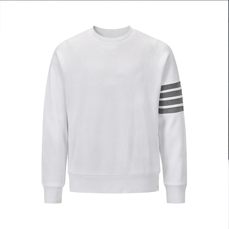 TB THOM Sweatshirts Luxury Brand Tops White Waffle Cotton Gray 4-Bar Stripes Pullover Solid Blouses Harajuku Casual Sweatshirts
