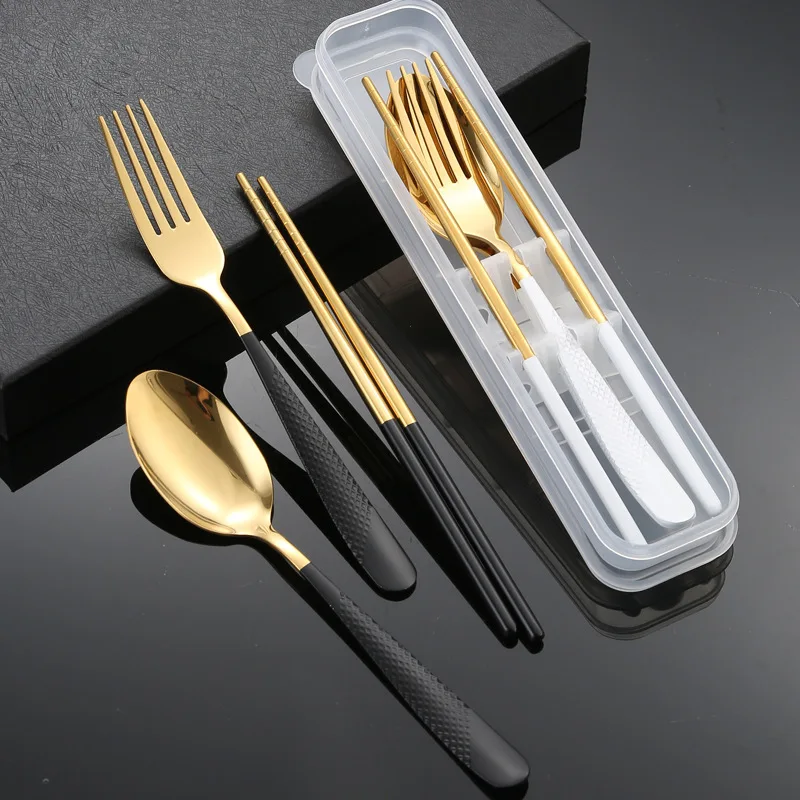 

410 Stainless Steel Cutlery Dinnerware Spoon Fork Chopsticks Lunch Tableware Box Kitchen Accessories Outdoor Portable Travel Set