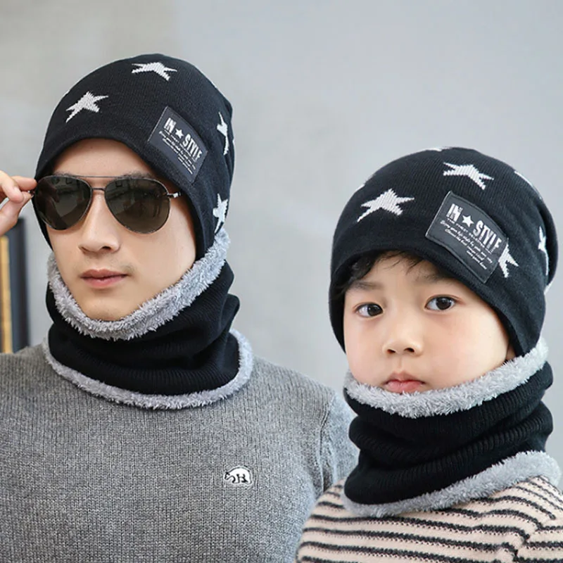 

2022 New Winter Add Fluff Childen Star Hat Set Boys Girls Neck Scarf Warm Neckerchief Kids Knitting Children Hat Scarf 2pcs Sets