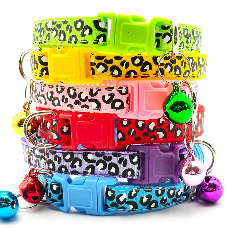 Fashion Leopard Printing Cat Dog Collar Adjustable Buckle Cartoon Funny Pet Collars Leads With Bells Pet Id Tag Accessories