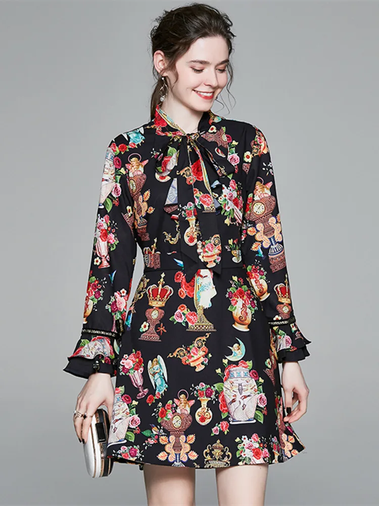 Женское шифоновое мини-платье с рюшами и бантом модельное винтажное