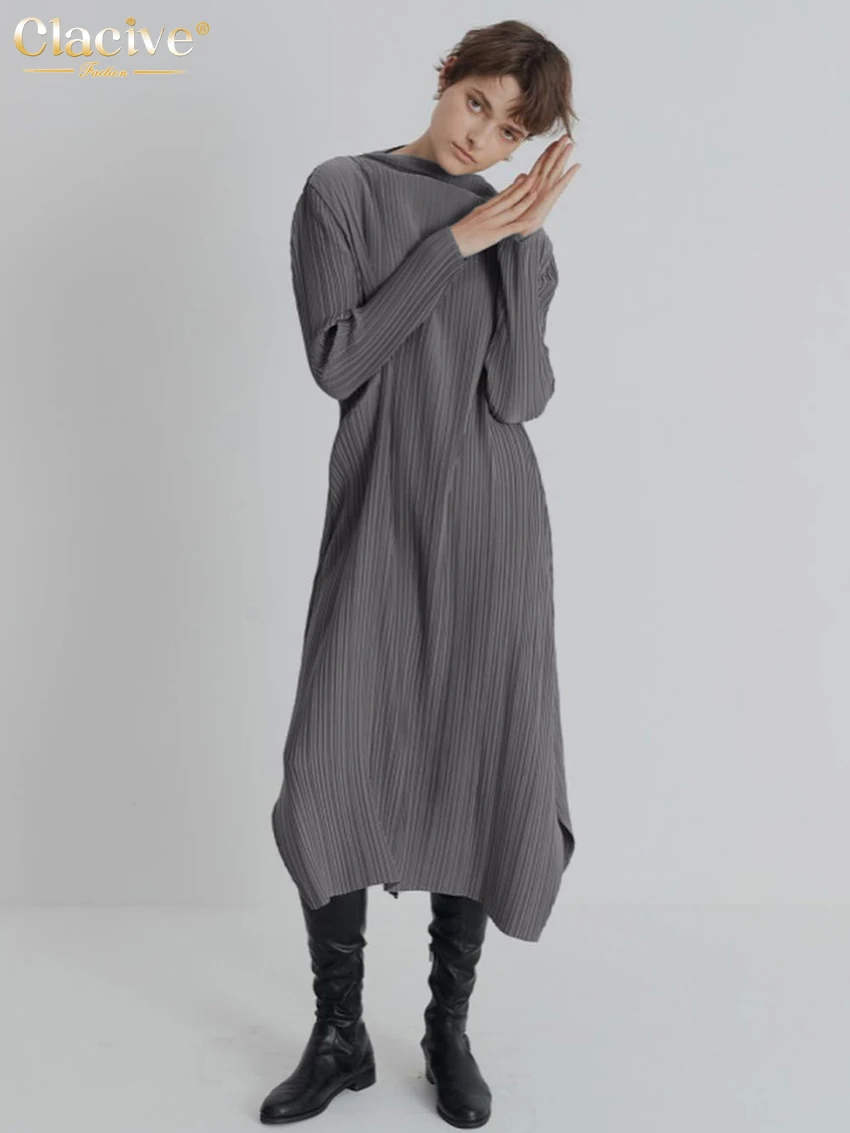 

Clacive Casual Blue Pleated Women'S Dresses 2022 Elegant O-Neck Long Sleeve Midi Dress Fashion Loose Simple Female Dress