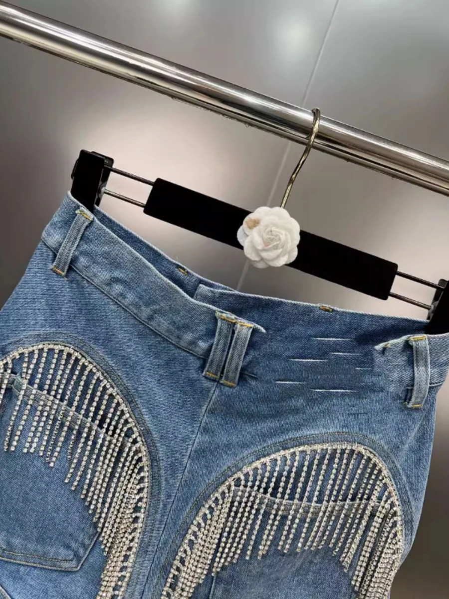 Summer Shorts Women's Heavy Diomand Tassel Pocket Slimming Patchwork Denim Shorts European Style Street Shorts Jeans High Street