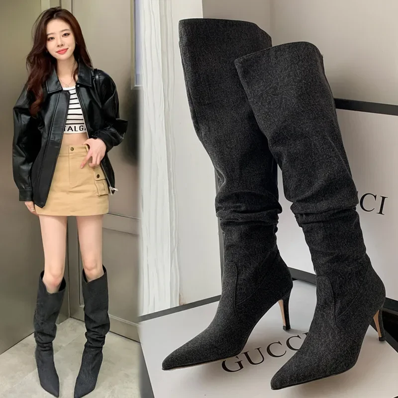 Плиссированные сапоги из джинсового материала с острым носком женская обувь до