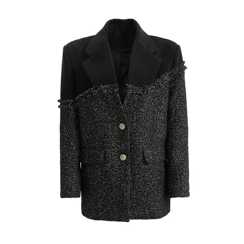 

SuperAen European and American Temperament Niche Top Winter New Stitched Tweed Raw Edge Design Asymmetrical Tweed Blazer Jacket