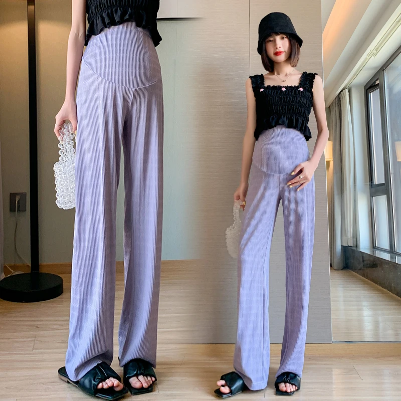 Women Casual Pregnancy Trousers Summer Ice Silk Knitted Maternity Straight Pants Wide Leg Loose Belly Clothes for Pregnant