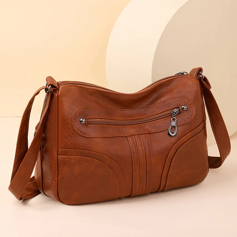 

Brown Medium Handbag for Women Quilted Multi Pocket Lovers' Delicate Shoulder Bag Quality Washable Leather Female Crossbody Bags