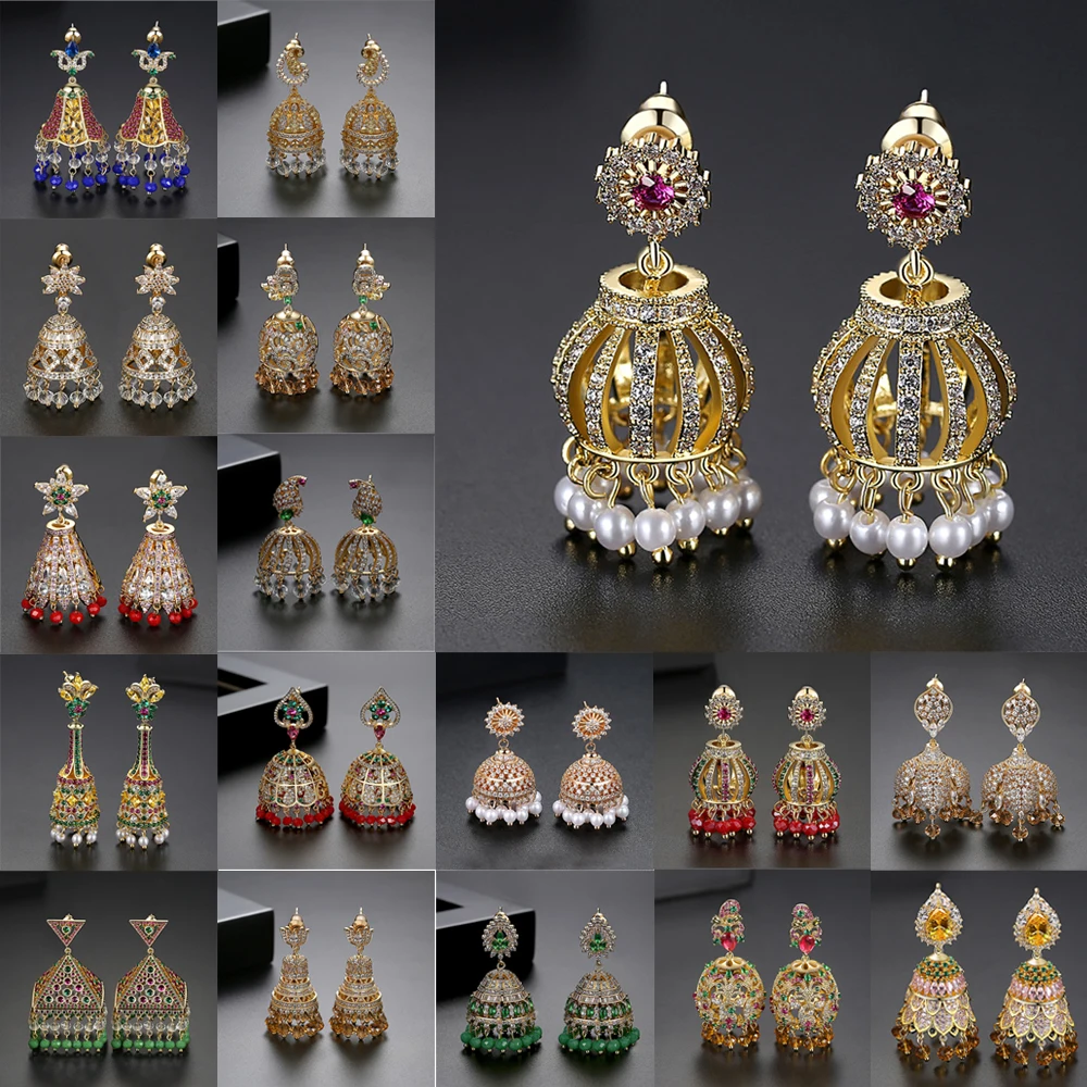 

Indian Jhumka Jhumki Women Gold Plated Drop Dangle Earrings Vintage Bollywood Tassel Beads Crystal Retro Wedding Party Jewelry