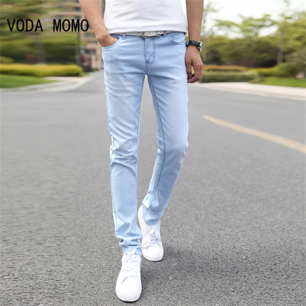 

2022 New Men Stretch Skinny Jeans Male Designer Brand Super Elastic Straight Trousers Jeans Slim Fit Fashion Jeans , Sky blue