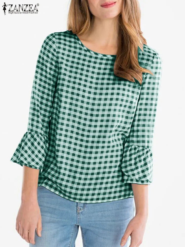 

ZANZEA Fashion Flare Sleeve Blouse Summer Grid Printed Women's Tops Female 3/4 Sleeve O-Neck Chemise Elegant Casual Beach Shirt