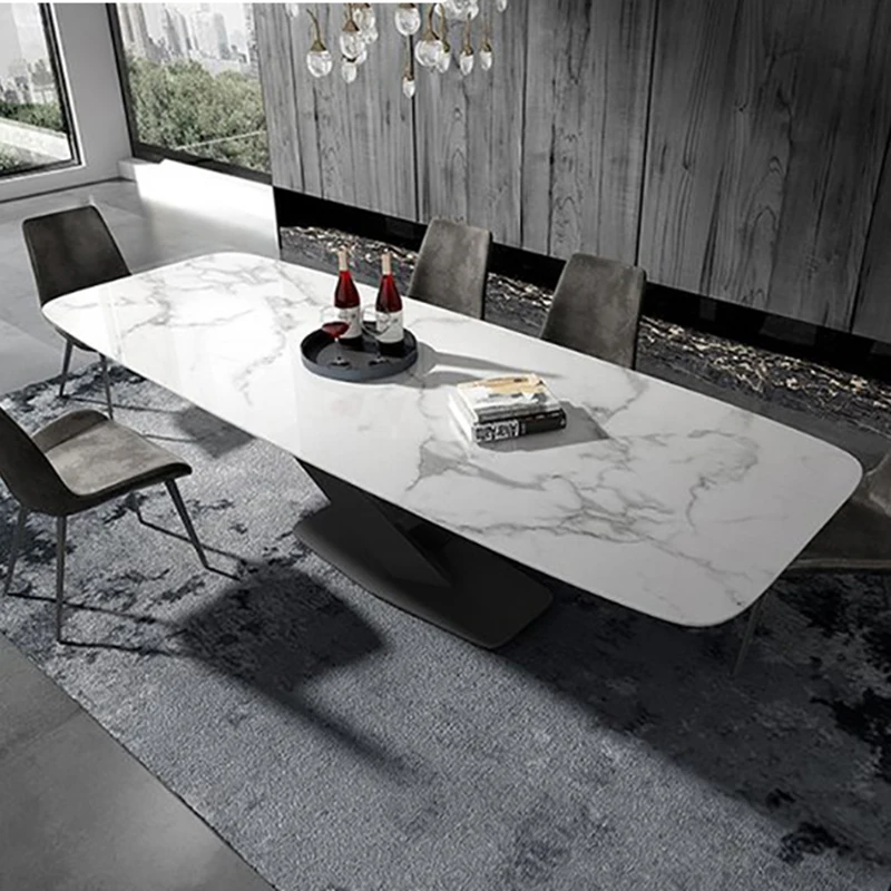 

Металлический обеденный набор из железа, домашняя мебель, минималистичный современный обеденный стол из мрамора, прямоугольная большая столовая посуда