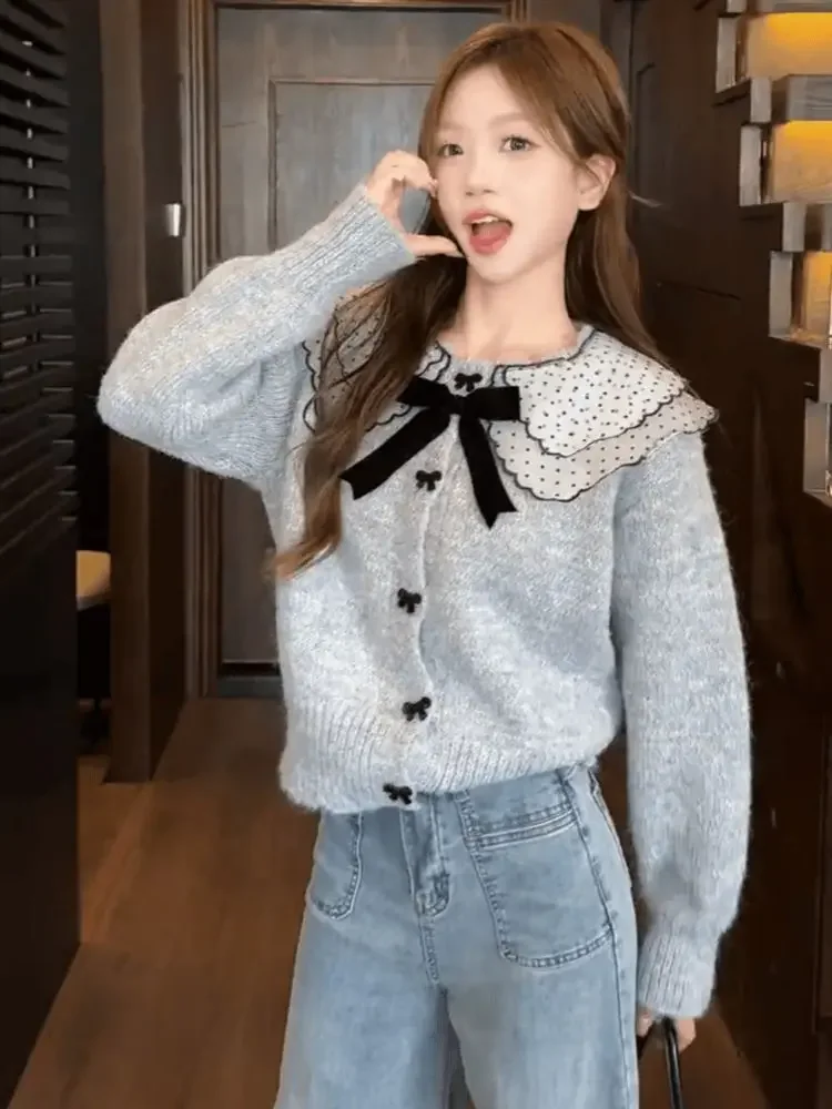 Korejepo Нежный сладкий свитер с кукольным воротником и бантом женский осенний