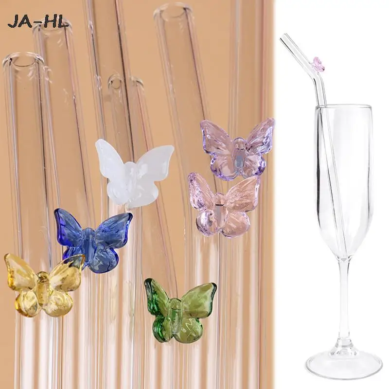 

Hot sale Reusable Butterfly Glass Straws Bar Tool For Smoothies Cocktails Tea Coffee Juice Drink Drinkware with Brush