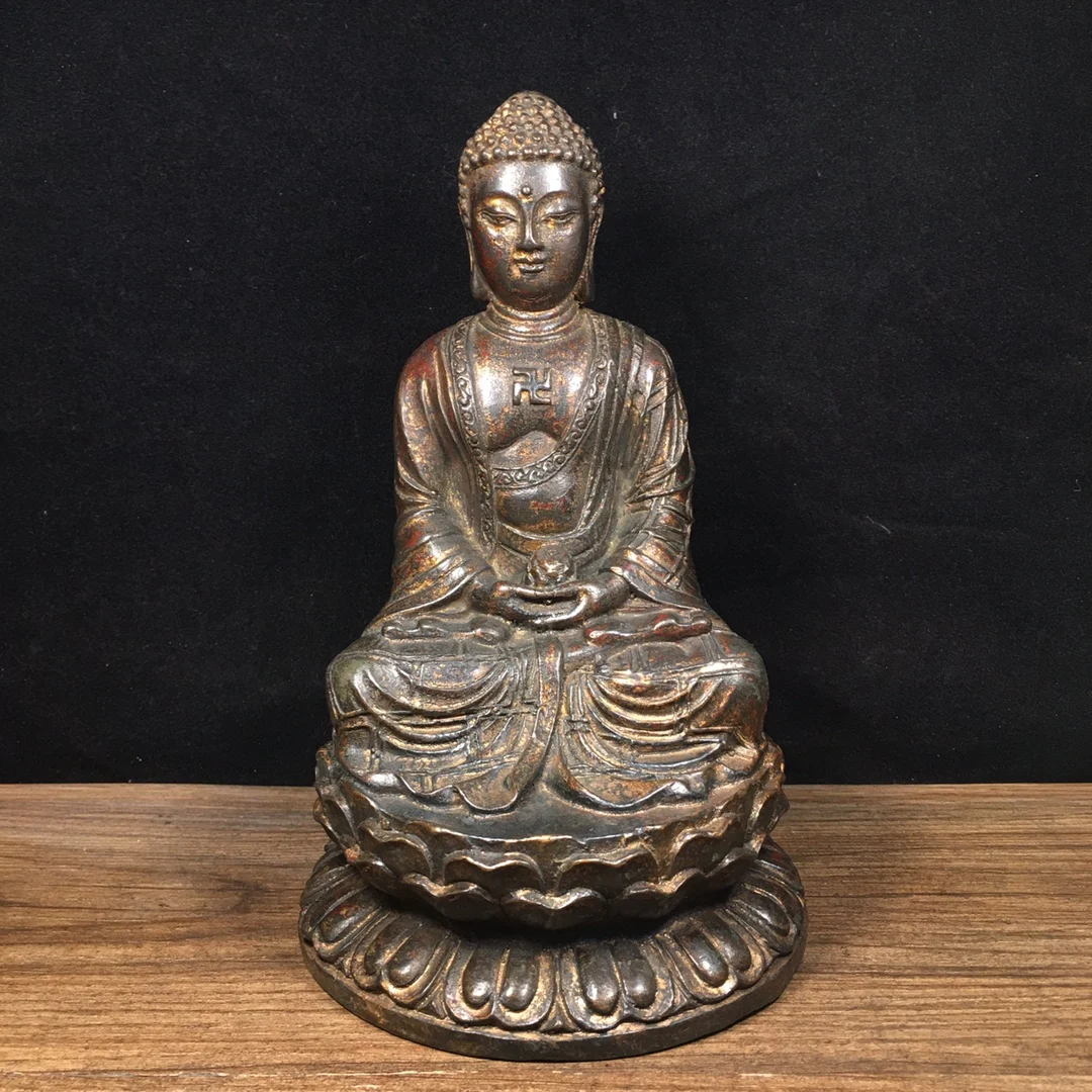 

8"Tibet Temple Collection Old Bronze Gilding Cinnabar Amitabha Sakyamuni Lotus Stage Sitting Buddha Town house Exorcism