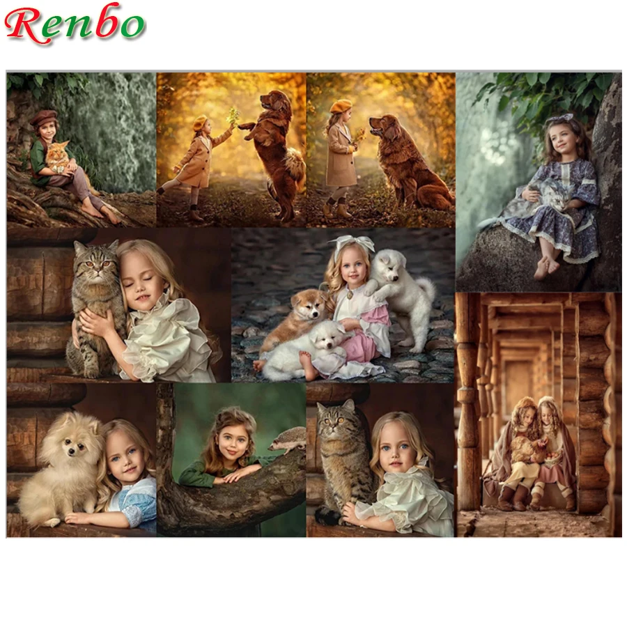 

5D DIY Diamond Painting Little Girls And Animals Cross Stitch Embroidery Mosaic Handmade Full Square Round Drill Wall Decor