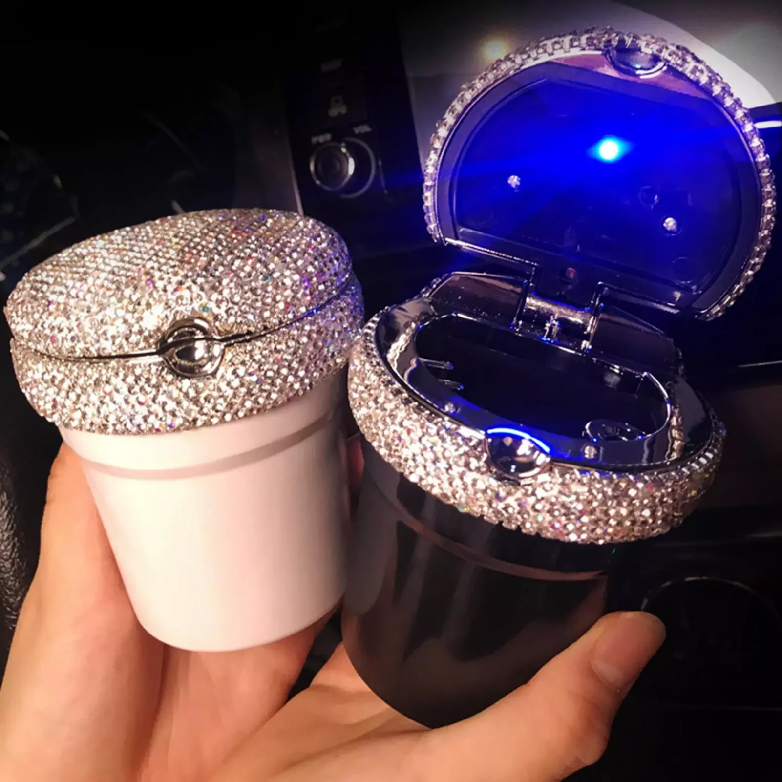 

Rhinestones Car Ashtray with LED Light Smoke Cup Holder Multifunctional Luminous Garbage Coin Ash cigarette- cylinder Container