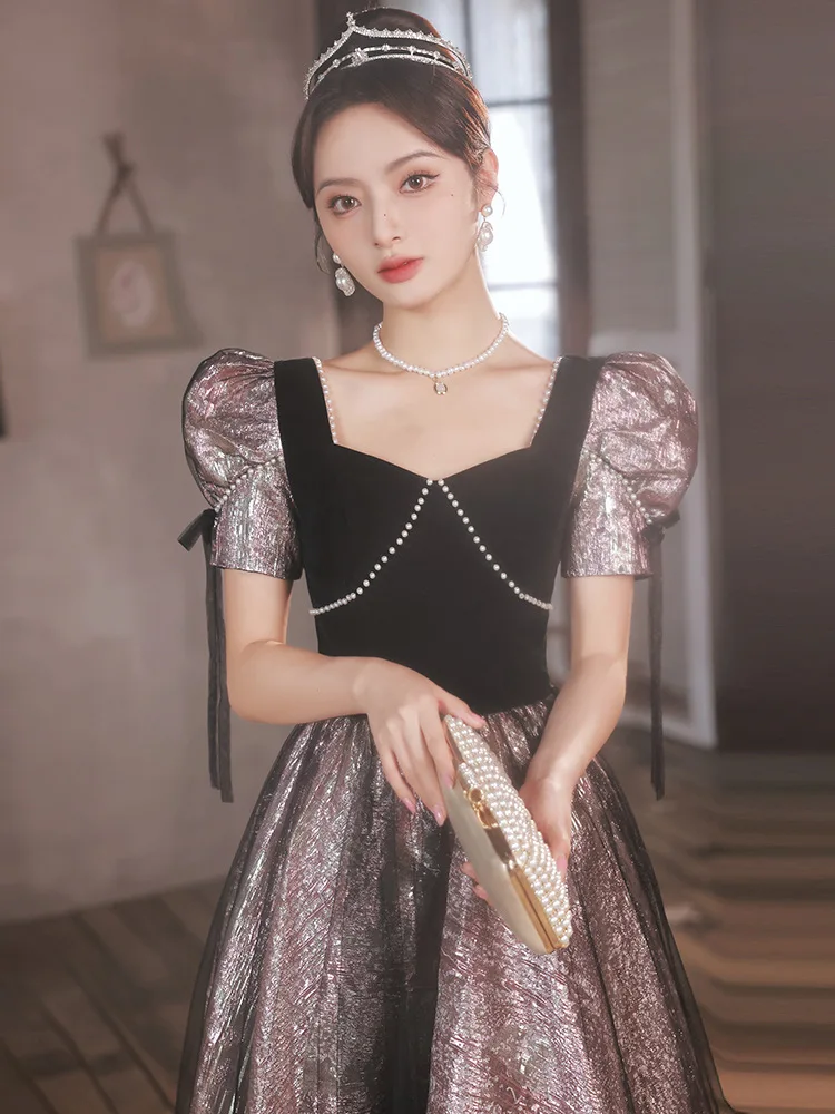 

Черное вечернее платье в стиле пэчворк, женское платье с квадратным вырезом и аппликацией, со шнуровкой, женское модное платье с рукавом-фонариком