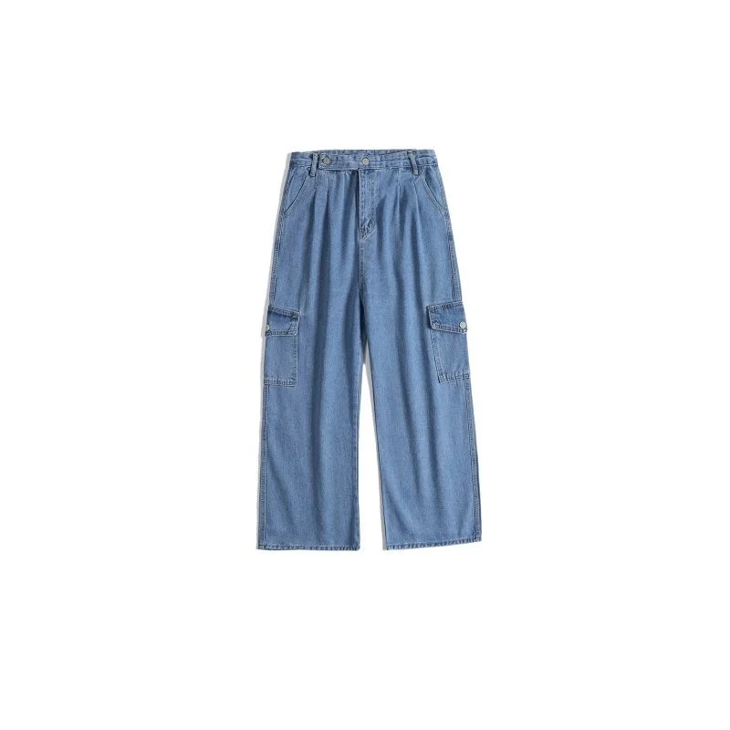 Blue Black Pocket Jeans Men Fashion Casual Wide Leg Jeans Men Streetwear Loose Hip Hop Straight Cargo Denim Pants Mens Trousers