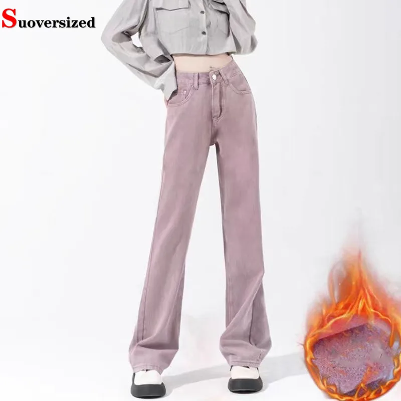 Плюшевые прямые джинсы с бархатной подкладкой зимняя одежда повседневные брюки