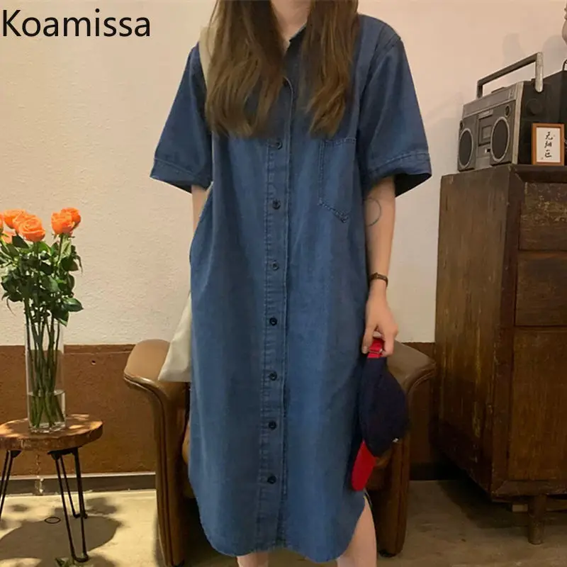 

Koamissa Single Breasted Denim Dress Short Sleeve Causal Loose Straight Retro Student Summer Jeans Dresses Korean Women Colthes